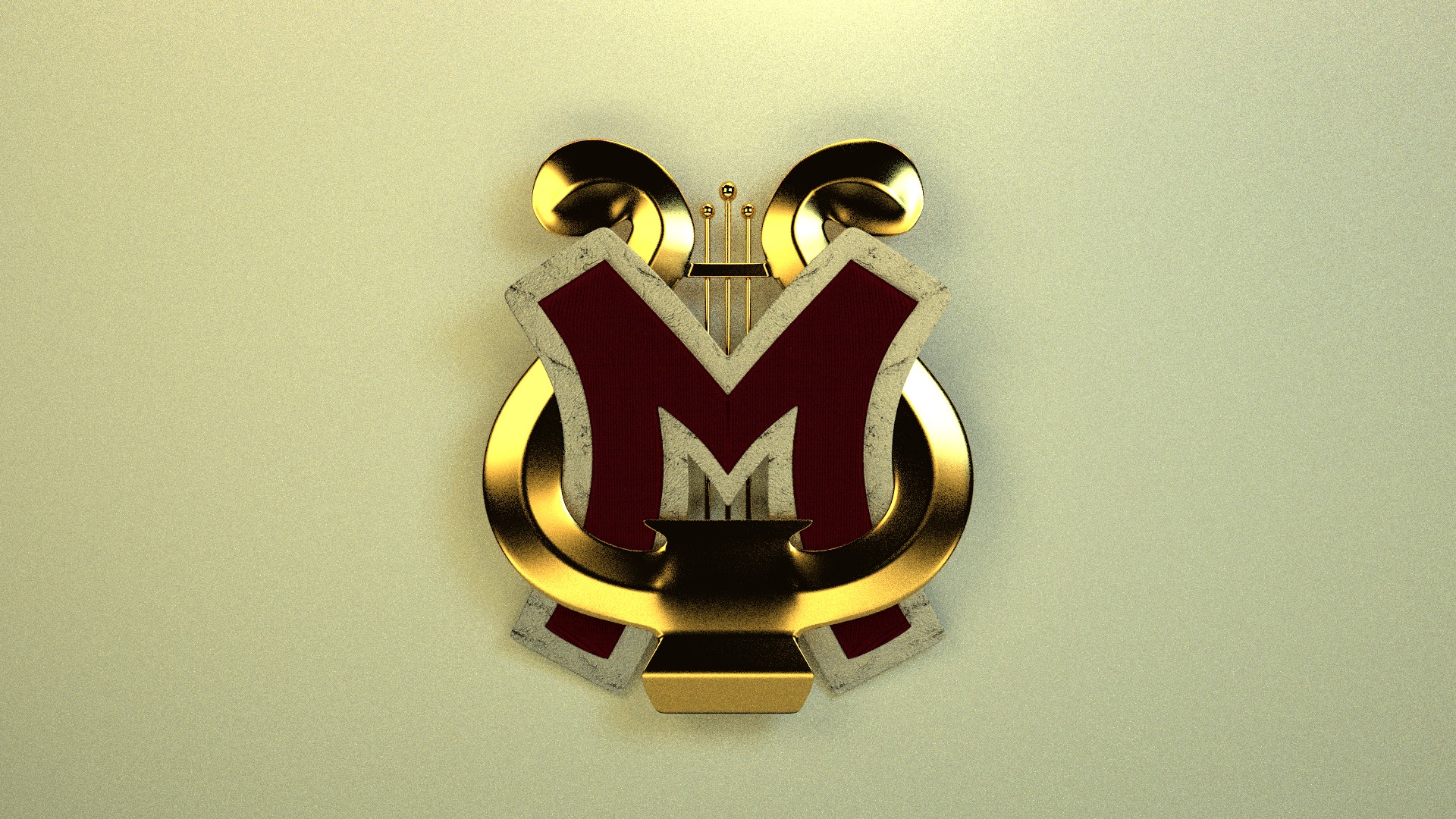 3D render of letter M squeezed into a lyre, casting a shadow on a white wall